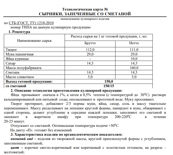 Сырники технологическая карта для детского сада